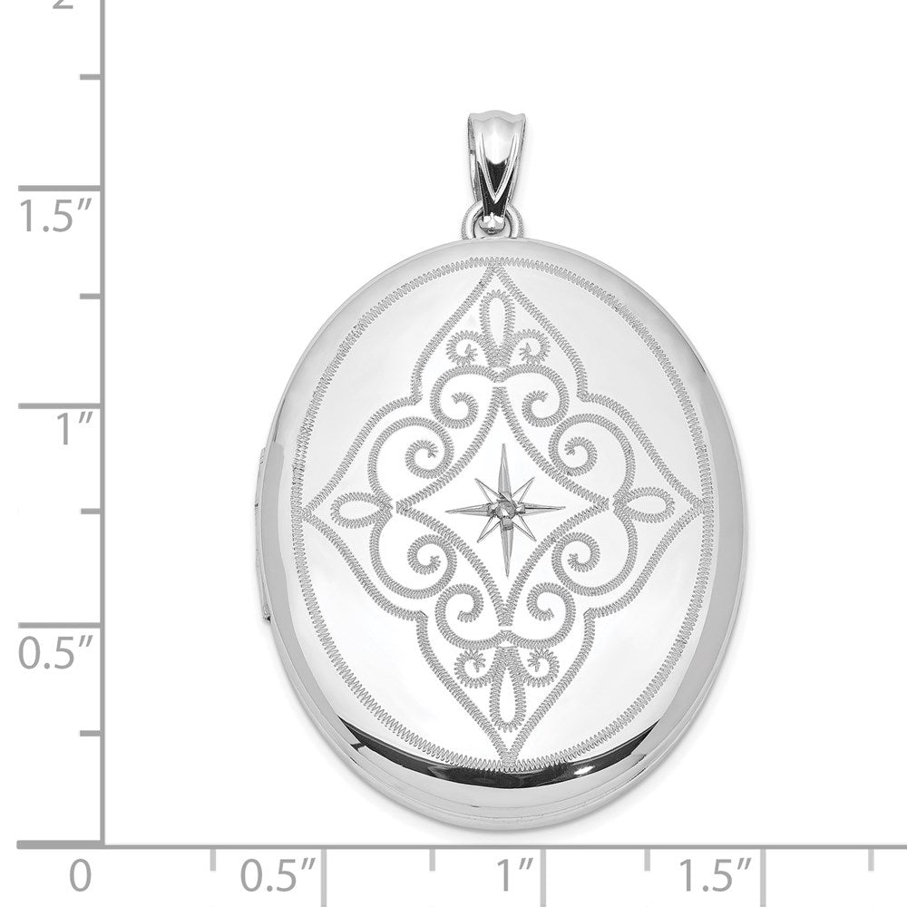 Sterling Silver Rhodium-plated & Diamond Center Swirl 34mm Oval Locket