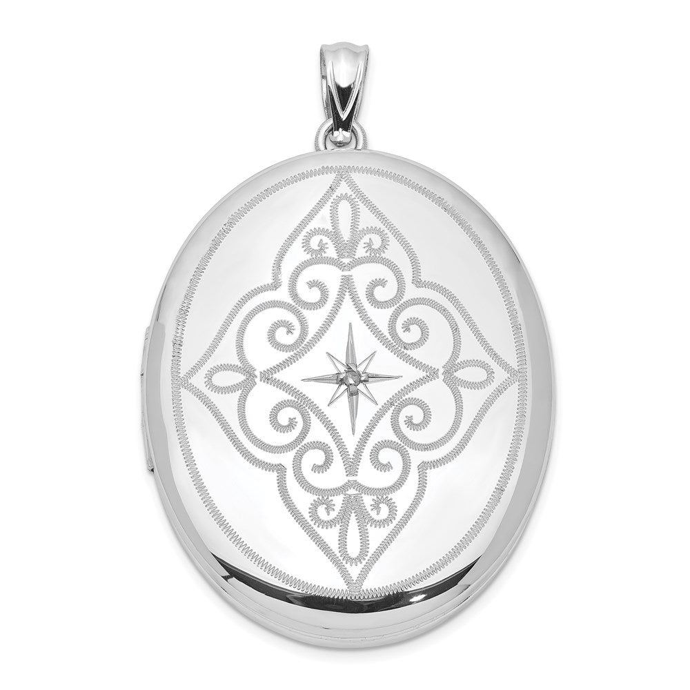 Sterling Silver Rhodium-plated & Diamond Center Swirl 34mm Oval Locket