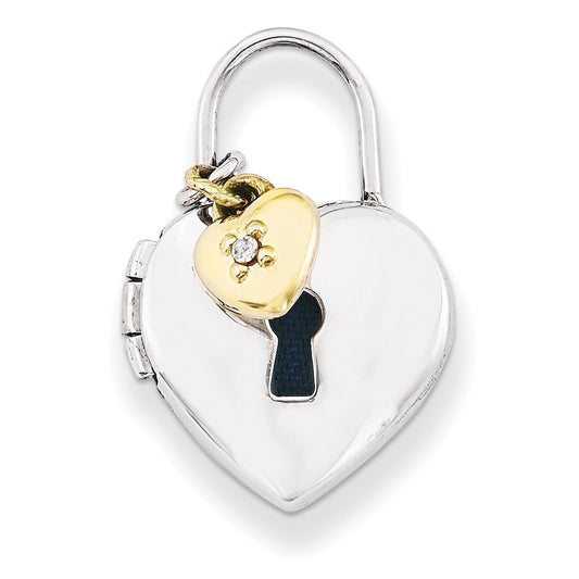 Sterling Silver w/Gold-plate 12mm Padlock Heart with Diamond Locket