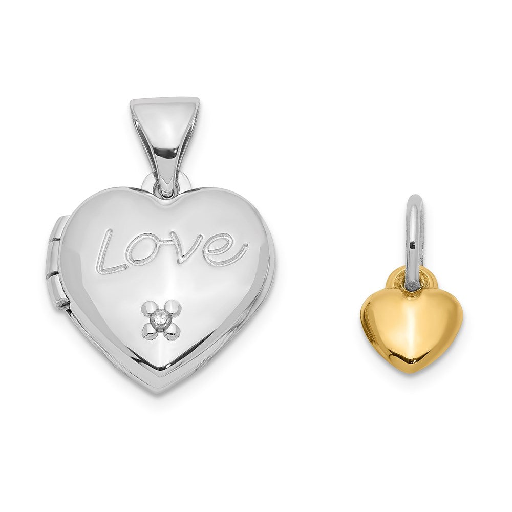 Sterling Silver Rhodium-plated w/Gold-plated Dia w/ Charm Heart Locket