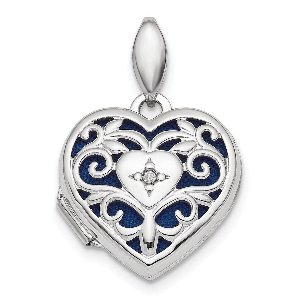 Sterling Silver Rhodium-plated Polished Filigree Diamond Heart Locket