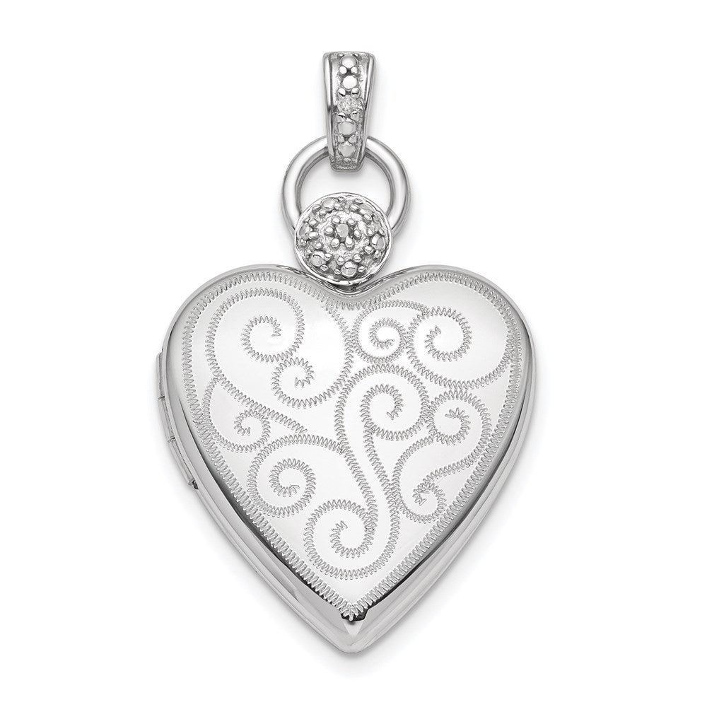 Sterling Silver Rhodium-plate 21mm Diamond Accent Swirl Heart Locket