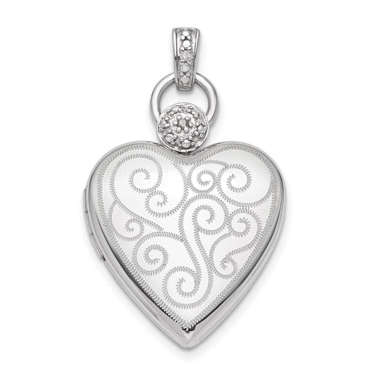 Sterling Silver Rhodium-plate 21mm Diamond Accent Swirl Heart Locket