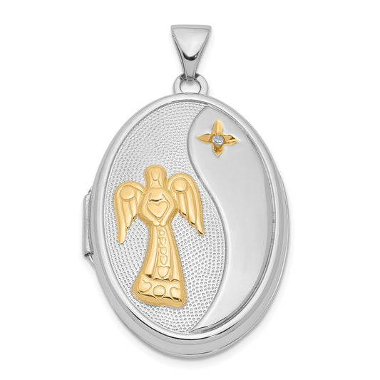 Sterling Silver w/ Yellow Rhod Dia God Bless You Angel Oval Family Locket