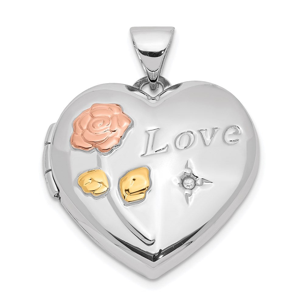 Sterling Silver Rose & Yellow Rhodium Diamond Love 19mm Heart Locket