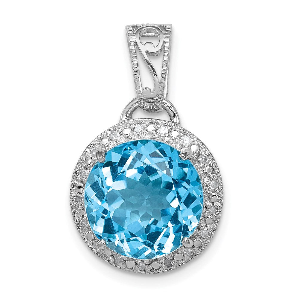 Sterling Silver Rhodium-plated Light Swiss Blue Topaz & Diamond Pendant