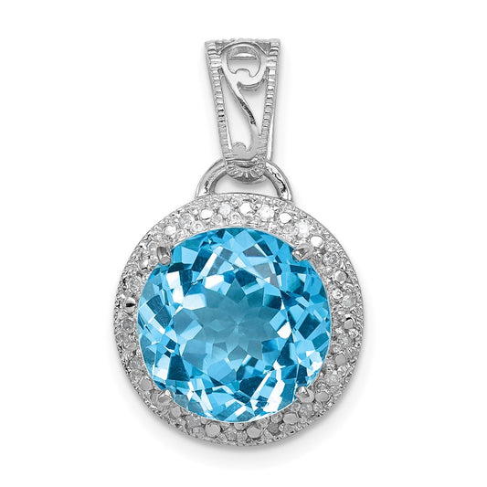 Sterling Silver Rhodium-plated Light Swiss Blue Topaz & Diamond Pendant