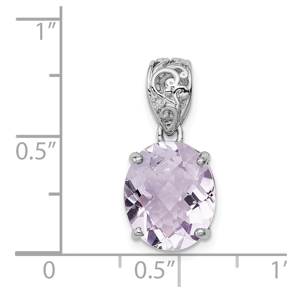 Sterling Silver Rhodium-plated Pink Quartz and Diamond Pendant