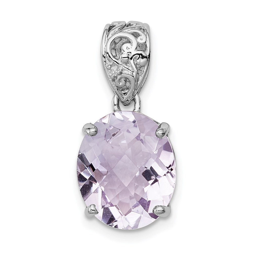 Sterling Silver Rhodium-plated Pink Quartz and Diamond Pendant