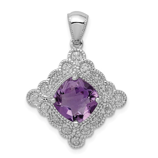 Sterling Silver Rhodium-plated Amethyst and Diamond Pendant