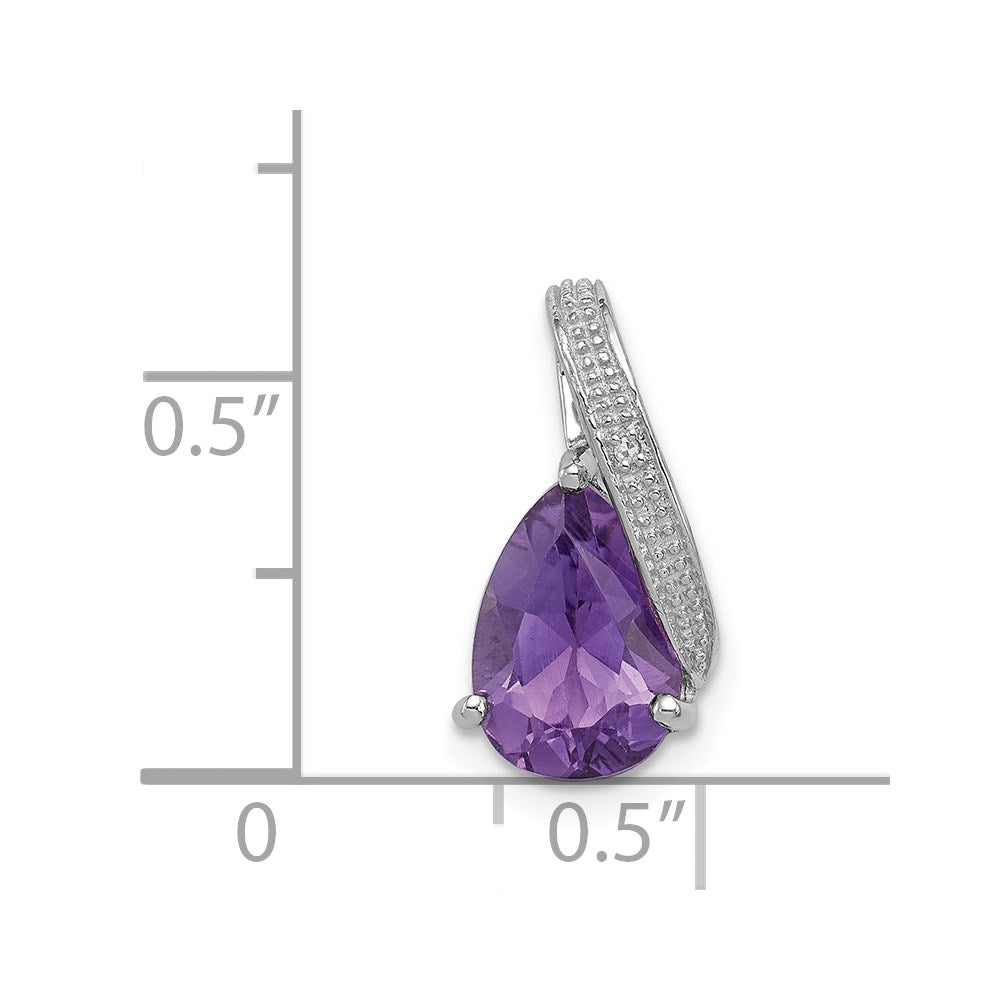 Sterling Silver Rhodium Plated Diamond and Amethyst Teardrop Pendant