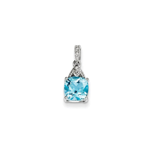 Sterling Silver Rhodium Plated Diamond Sky Blue Topaz Cushion Pendant