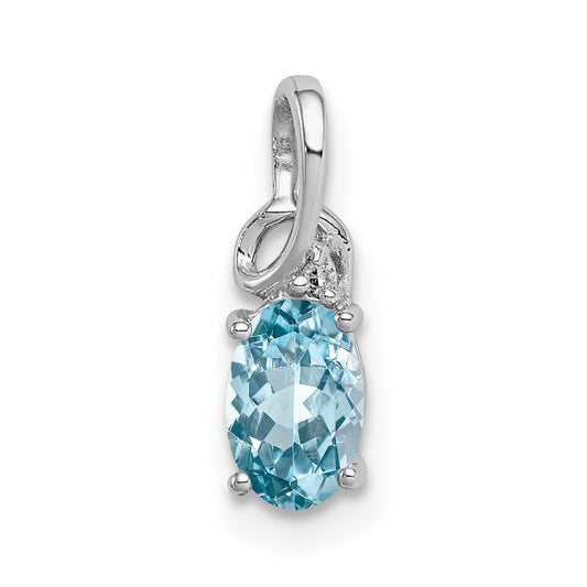 Sterling Silver Rhodium Plated Diamond & Sky Blue Topaz Oval Pendant