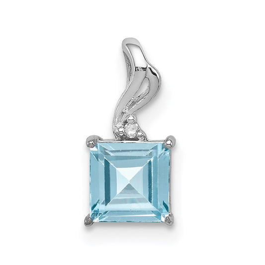 Sterling Silver Rhodium Plated Diamond & Sky Blue Topaz Square Pendant