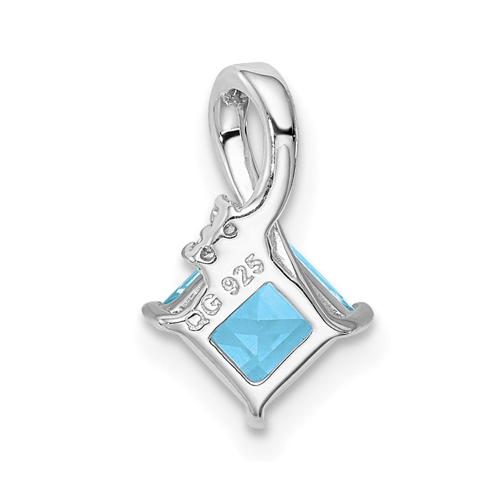 Sterling Silver Rhodium Plated Diamond & Sky Blue Topaz Square Pendant