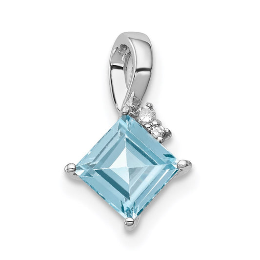 Sterling Silver Rhodium Plated Diamond & Sky Blue Topaz Square Pendant