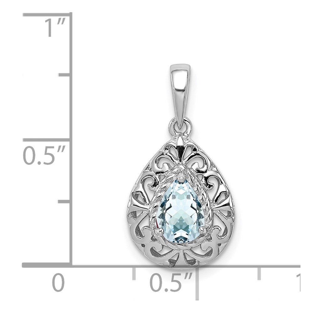 Sterling Silver Rhodium Plated Aquamarine Teardrop Pendant