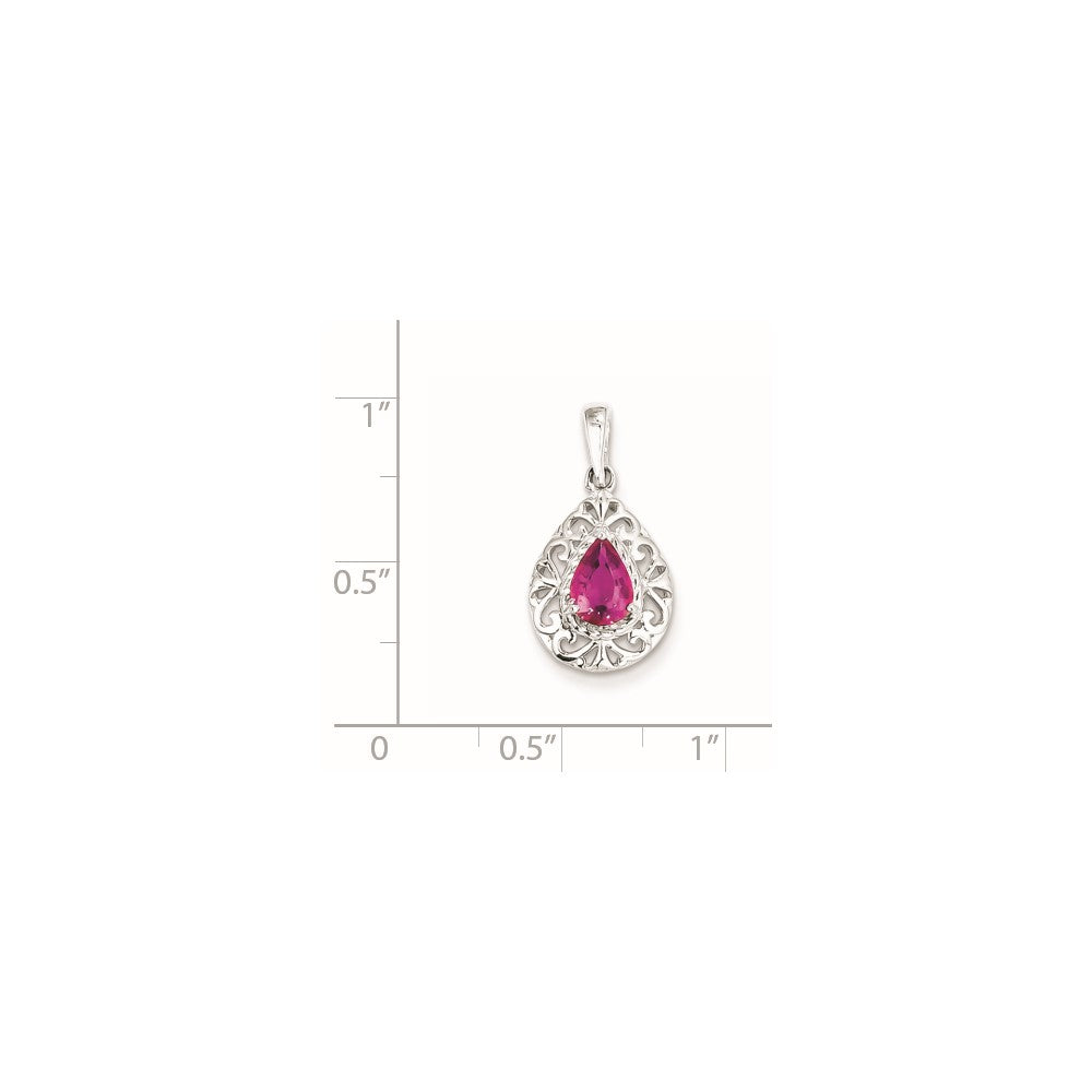 Sterling Silver Rhodium Plated Pink Tourmaline Teardrop Pendant