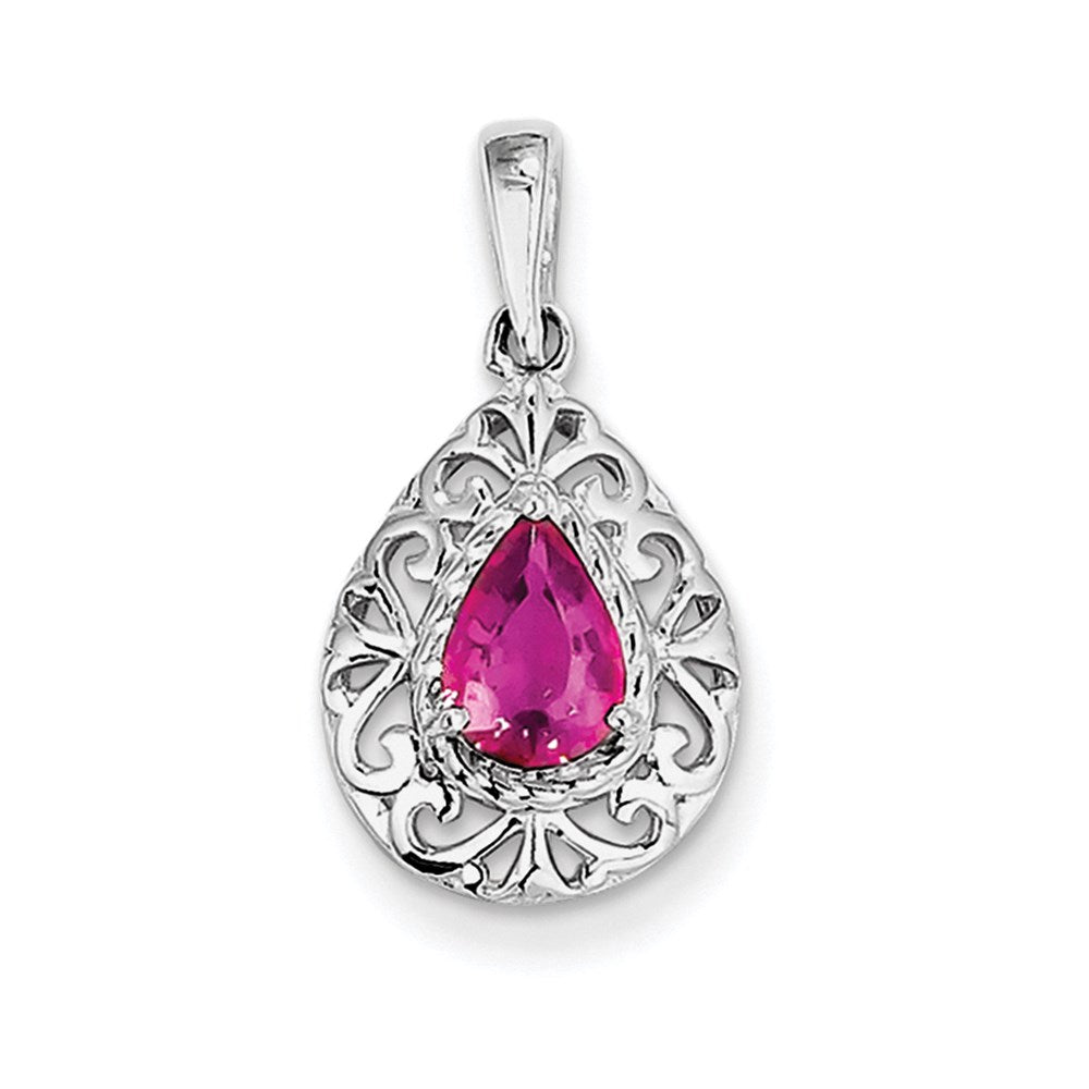 Sterling Silver Rhodium Plated Pink Tourmaline Teardrop Pendant