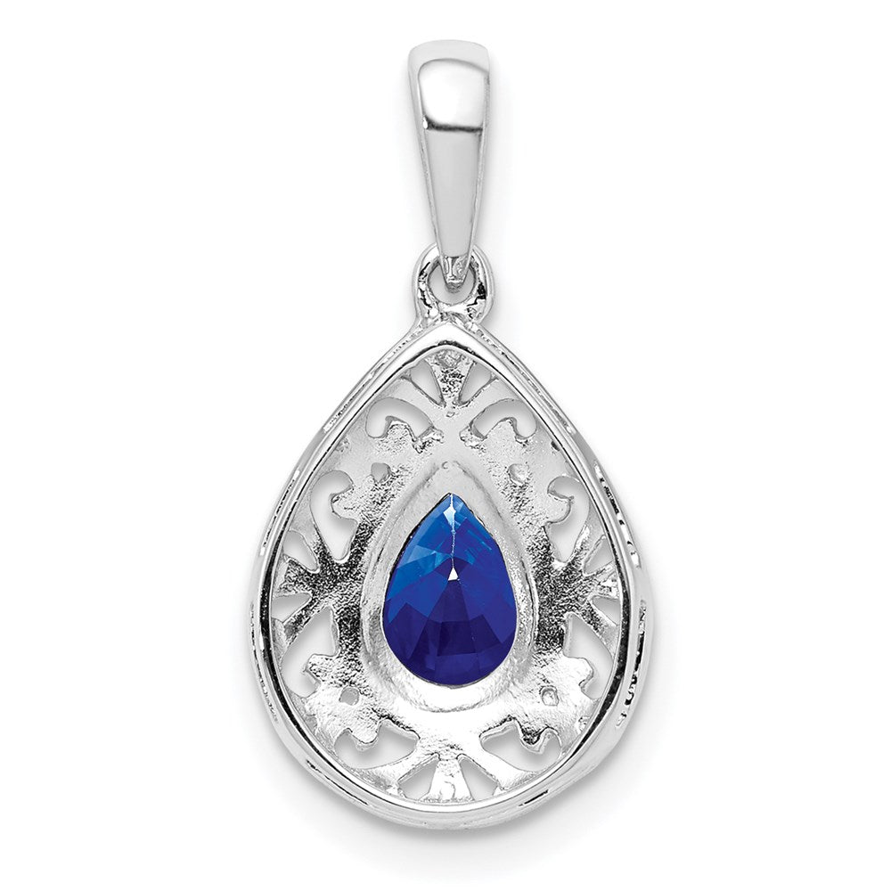 Sterling Silver Rhodium Plated Sapphire Teardrop Pendant