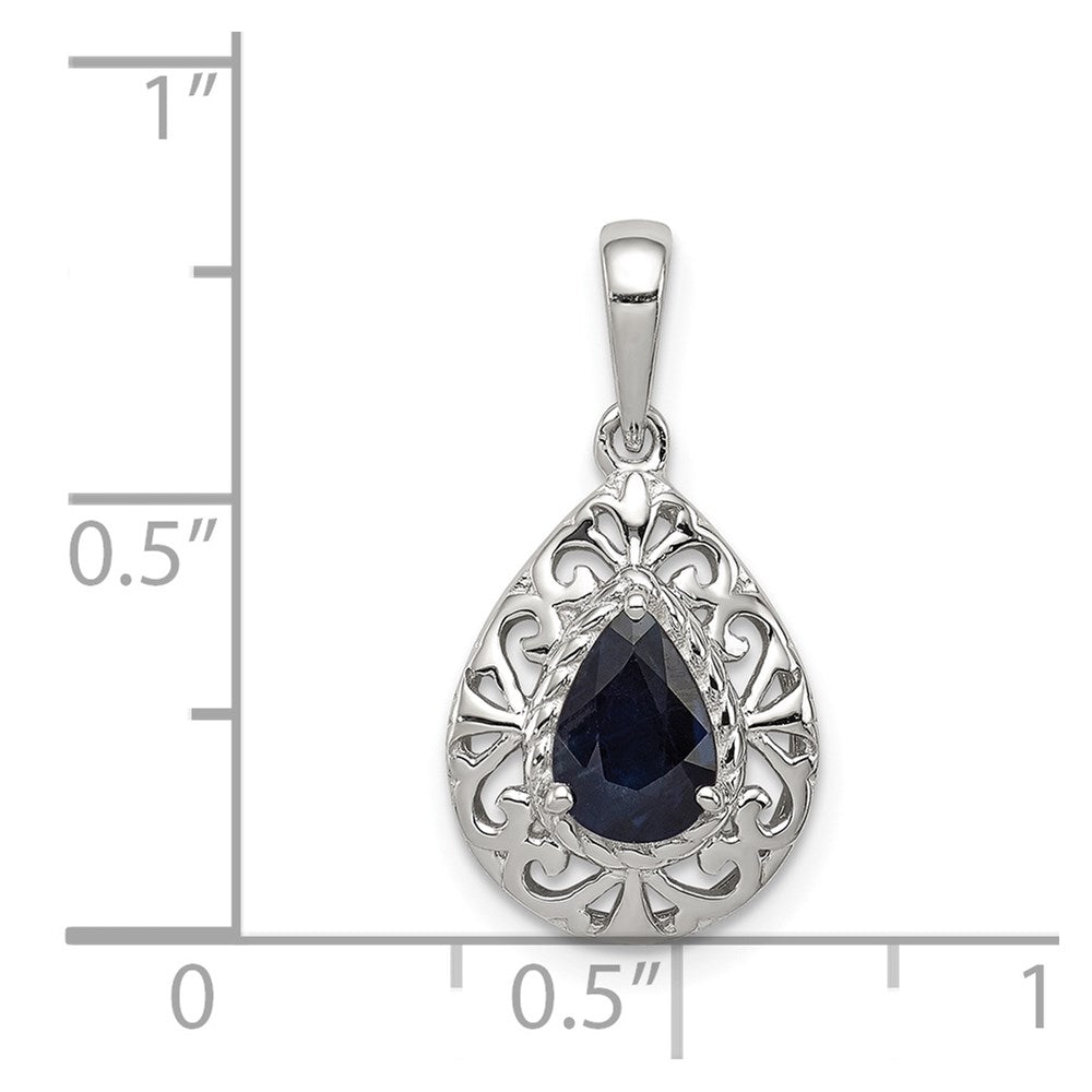 Sterling Silver Rhodium Plated Sapphire Teardrop Pendant