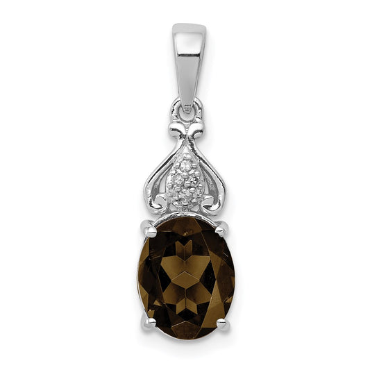 Sterling Silver Rhodium-plated Diamond and Smoky Quartz Pendant