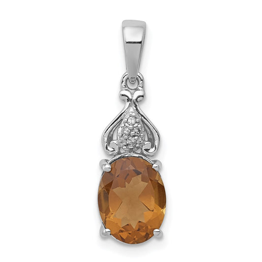 Sterling Silver Rhodium-plated Diamond and Whiskey Quartz Pendant