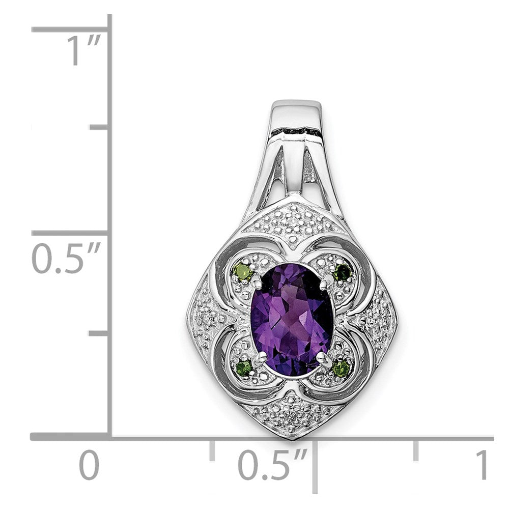 Sterling Silver Rhodium-plated White/Green Diamond & Amethyst Pendant