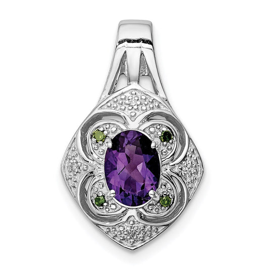 Sterling Silver Rhodium-plated White/Green Diamond & Amethyst Pendant