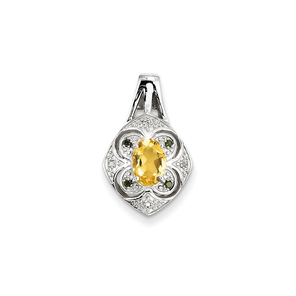 Sterling Silver White/Green Diamond & Citrine Oval Pendant