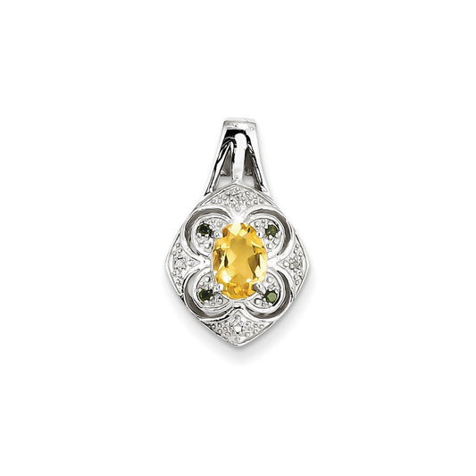 Sterling Silver White/Green Diamond & Citrine Oval Pendant