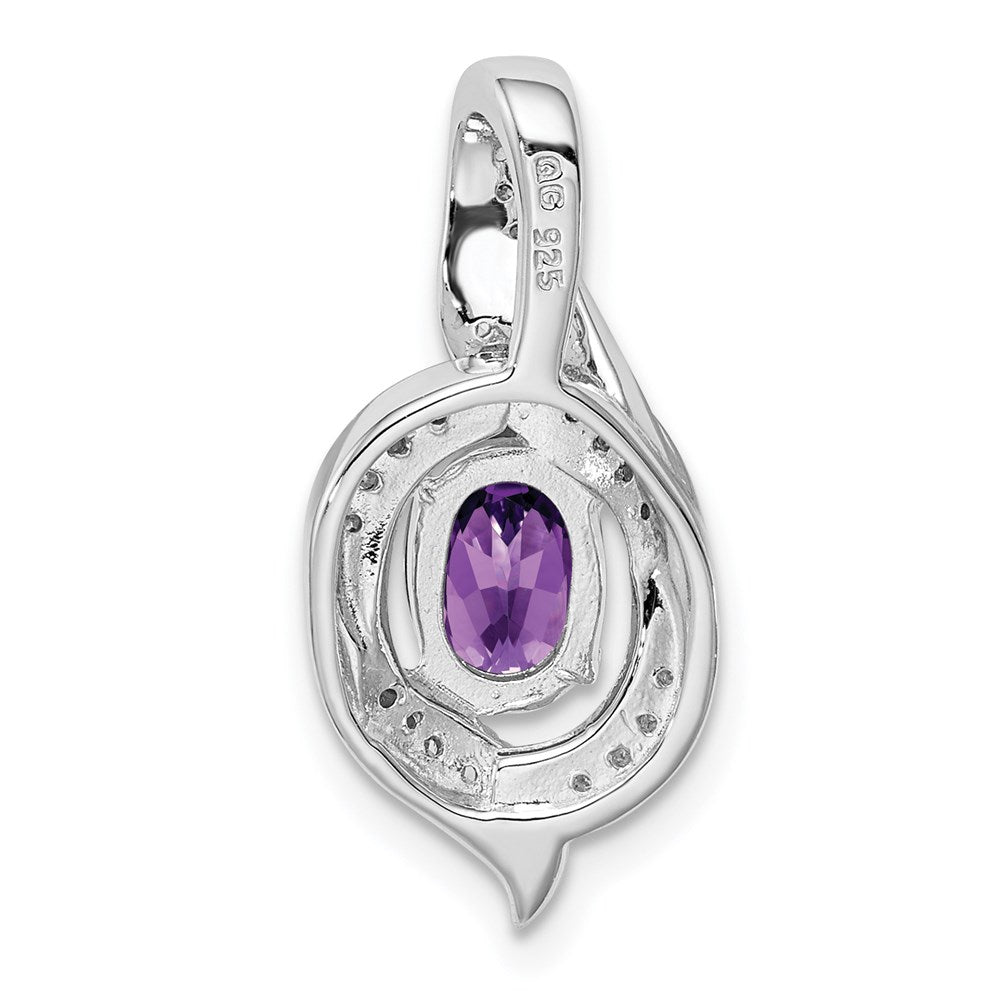 Sterling Silver Rhodium-plated Diamond & Amethyst Oval Pendant