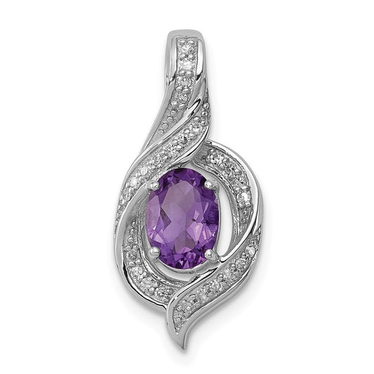 Sterling Silver Rhodium-plated Diamond & Amethyst Oval Pendant