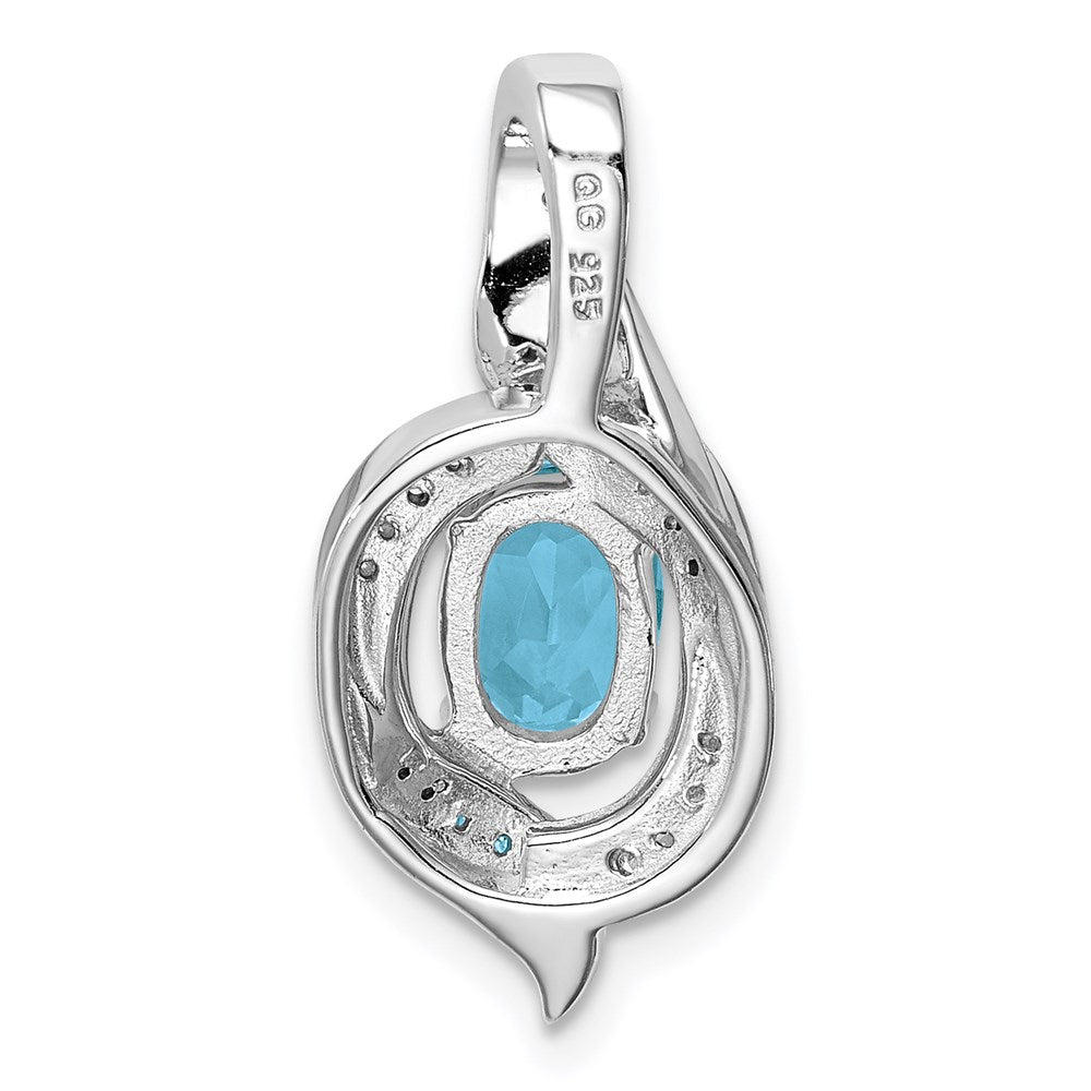 Sterling Silver Rhodium Diamond & Lght Sw. Blue Topaz Oval Pendant