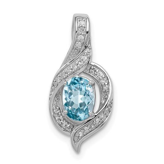 Sterling Silver Rhodium Diamond & Lght Sw. Blue Topaz Oval Pendant