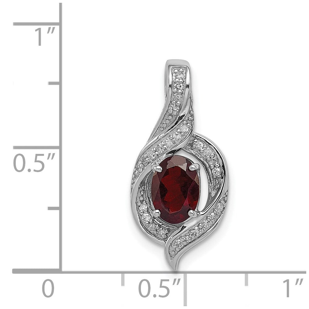 Sterling Silver Rhodium-plated Diamond & Garnet Oval Pendant