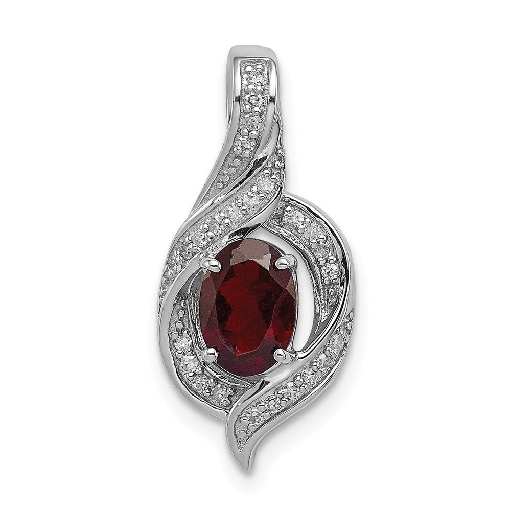 Sterling Silver Rhodium-plated Diamond & Garnet Oval Pendant