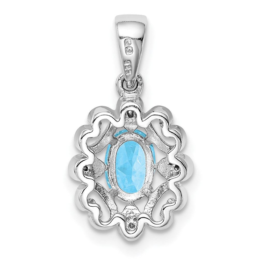 Sterling Silver Rhodium Plated Diamond & Sky Blue Topaz Oval Pendant