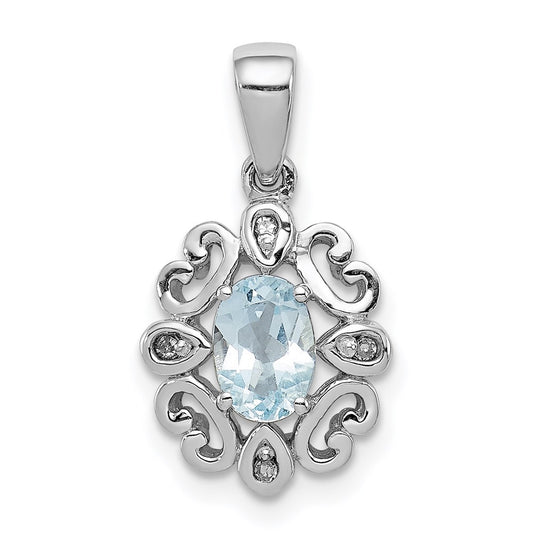 Sterling Silver Rhodium Plated Diamond & Sky Blue Topaz Oval Pendant