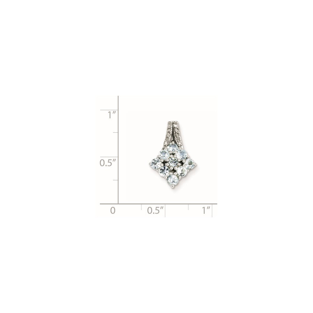 Sterling Silver Rhodium-plated Diamond & Aquamarine Square Pendant