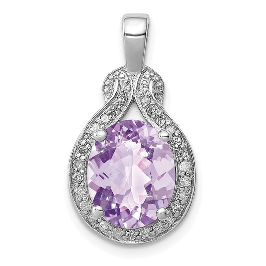 Sterling Silver Rhodium-plated Diamond and Pink Quartz Pendant