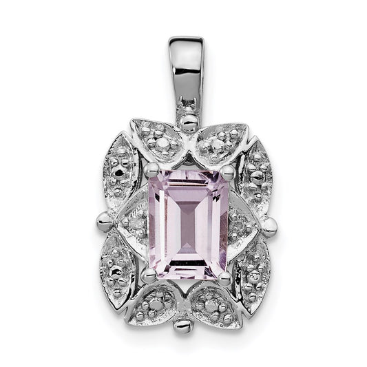 Sterling Silver Rhodium-plated Diamond & Pink Quartz Pendant