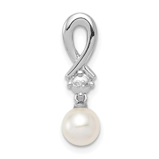 Sterling Silver Rhodium-plated FW Cultured Pearl Diamond Chain Slide