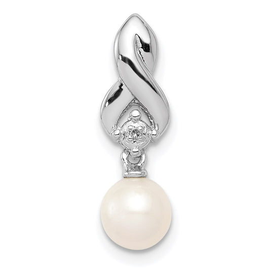 Sterling Silver Rhodium-plated FW Cultured Pearl Diamond Chain Slide