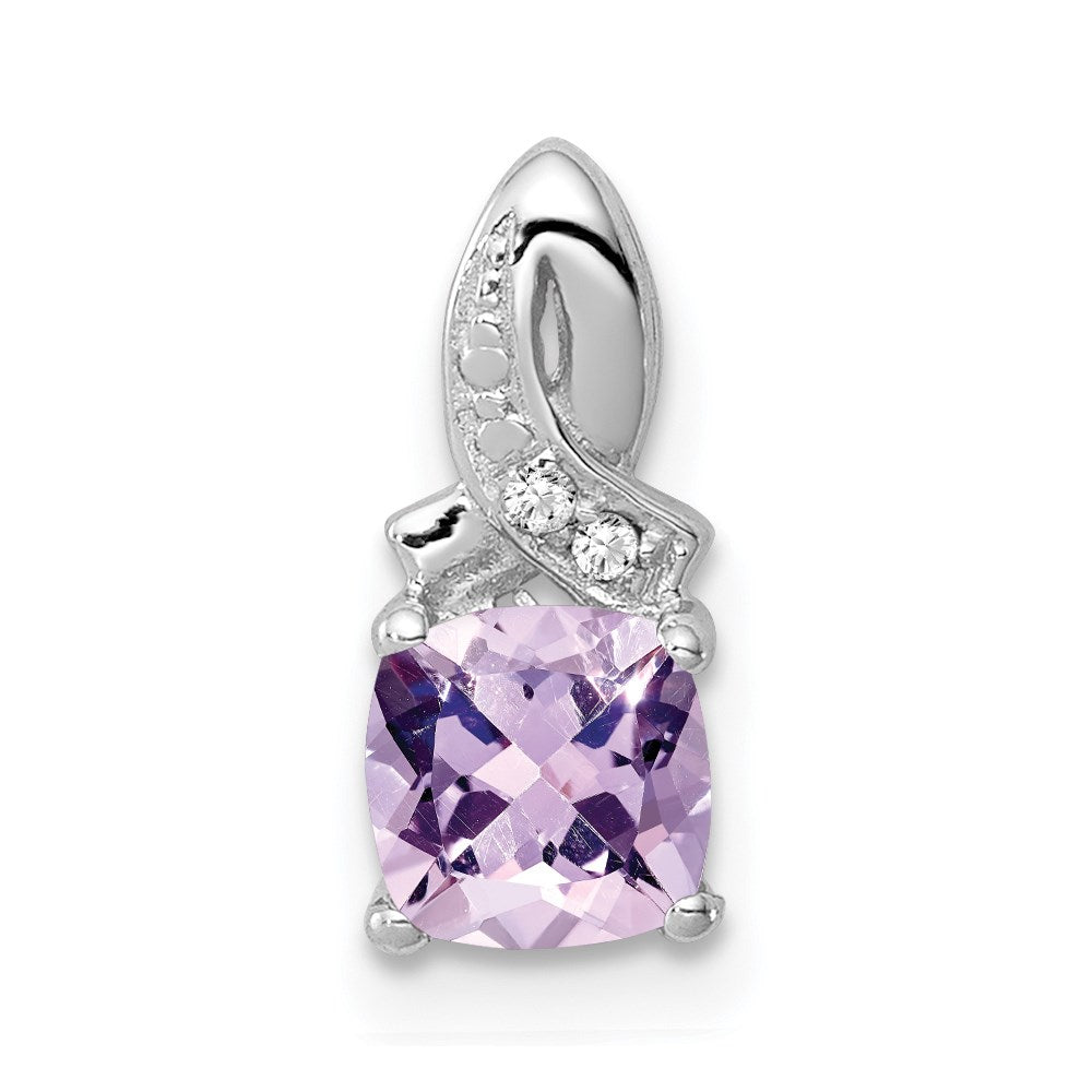 Sterling Silver Rhodium-plated Pink Quartz and Diamond Pendant