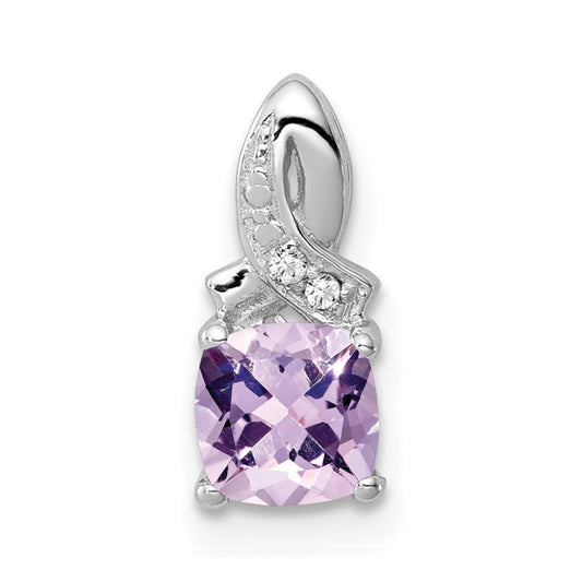 Sterling Silver Rhodium-plated Pink Quartz and Diamond Pendant