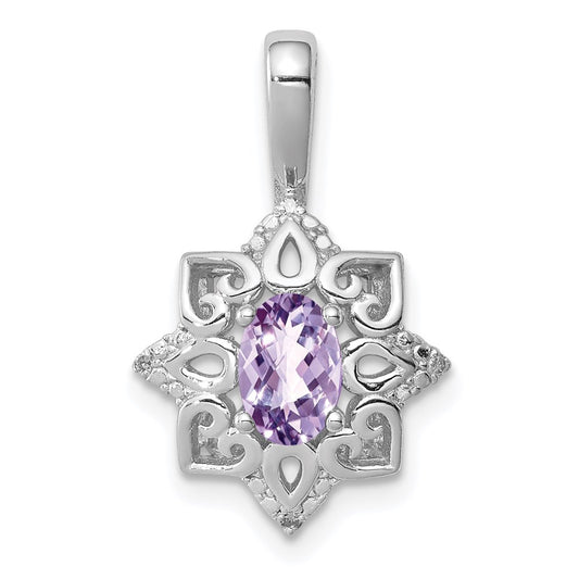 Sterling Silver Rhodium-plated Pink Quartz Diamond Pendant