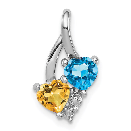 Sterling Silver Rhodium-plated Blue Topaz & Citrine Diamond Pendant