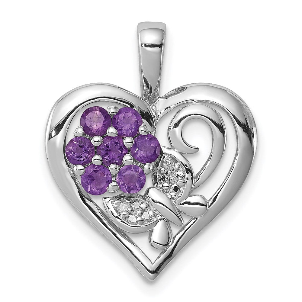 Sterling Silver Rhodium-plated Amethyst Diamond Pendant