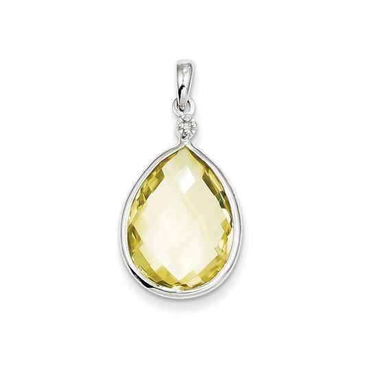 Sterling Silver Rhodium Plated Dia. Lemon Quartz Teardrop Pendant